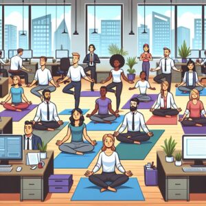 a group of employees doing yoga in the office